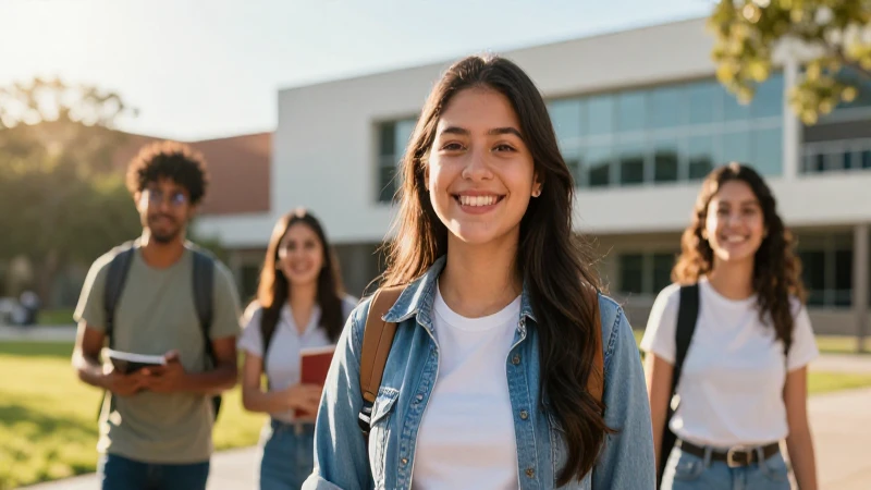 Estudiante mexicana sonriente en campus moderno