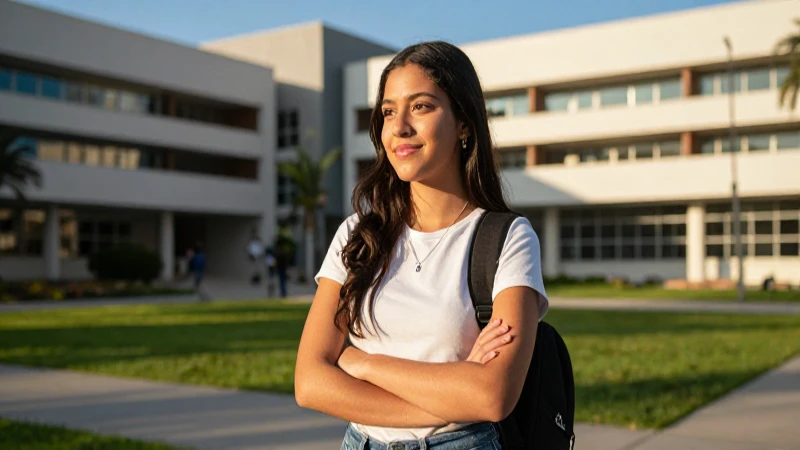 Estudiante mexicano exitoso en campus moderno