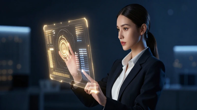Joven profesional selecciona cuenta en interfaz futurista