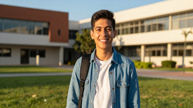 Joven sonriendo en campus universitario dorado