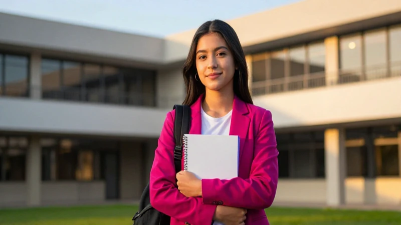 Joven mexicana exitosa en campus universitario al atardecer