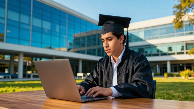 Joven mexicana estudia en campus moderno bajo luz dorada