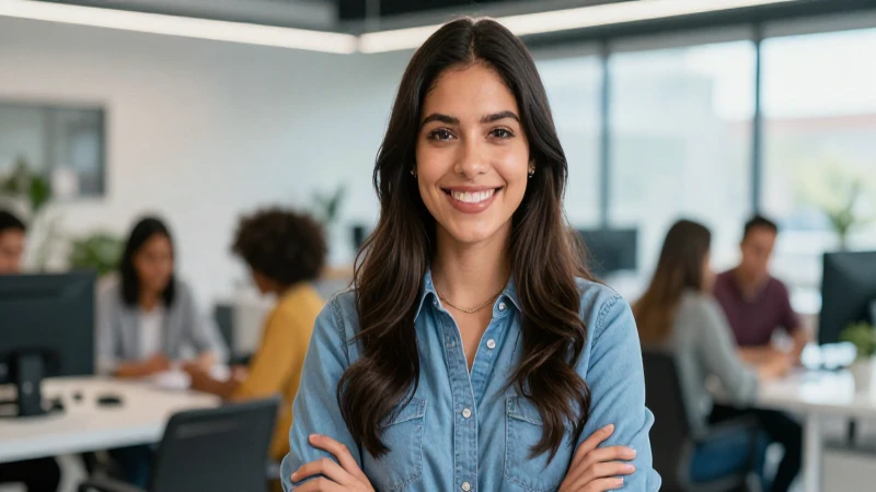 Joven mexicano sonriente y determinado en oficina moderna