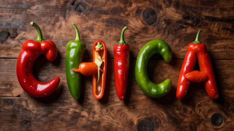 Arte vibrante de chiles sobre superficie de madera