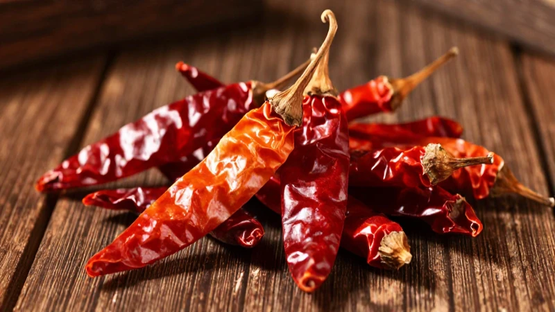 Chiles secos vibrantes sobre madera rústica