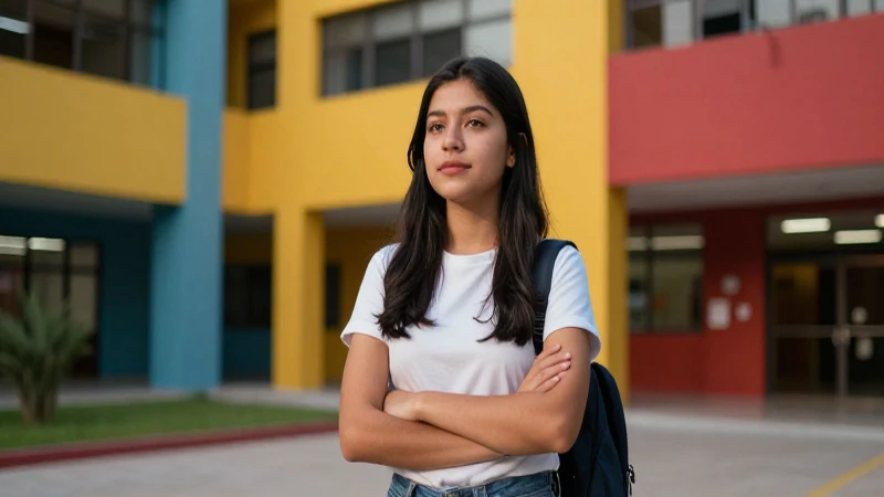 Estudiante mexicano seguro en moderno campus vibrante