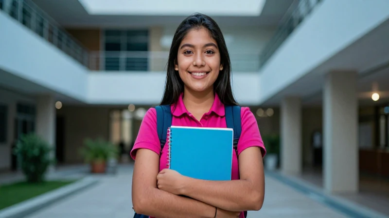 Estudiante mexicana sonriente en moderno campus
