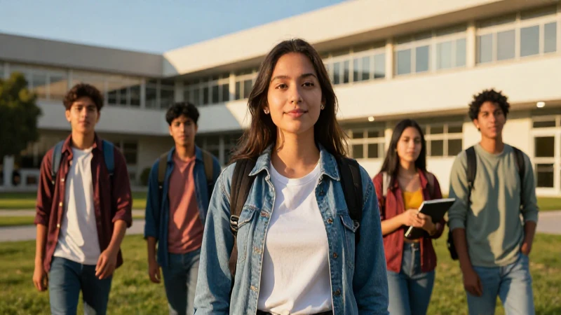 Estudiante mexicano en campus moderno al atardecer