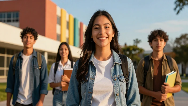 Estudiante mexicano sonriente en campus vibrante