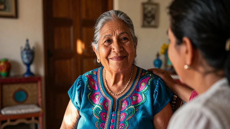 Abuela mexicana sonriendo en su hogar