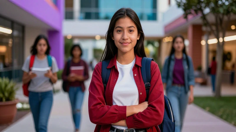 Estudiante mexicano exitoso en campus moderno