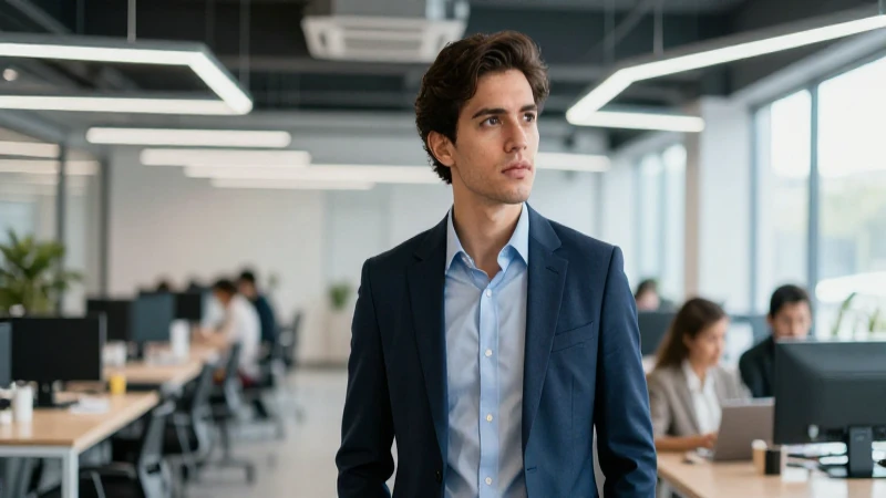 Joven profesional mira futuro brillante y moderno