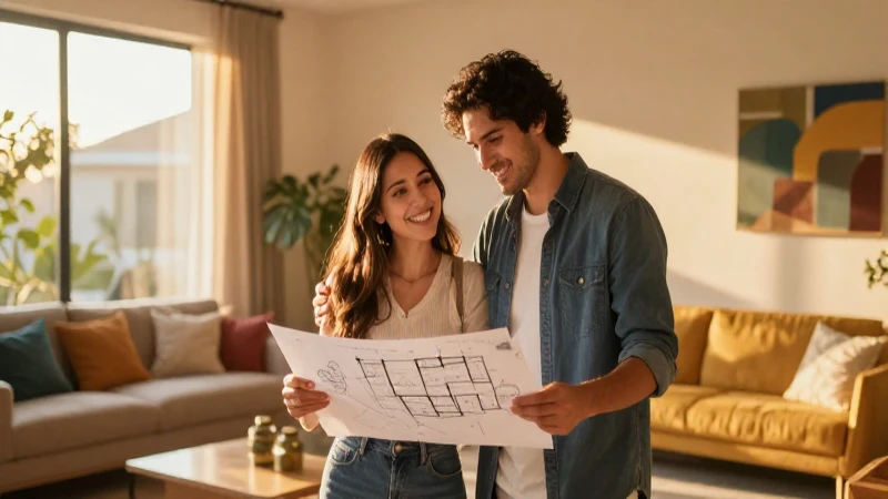 Pareja feliz revisa planos en salón moderno