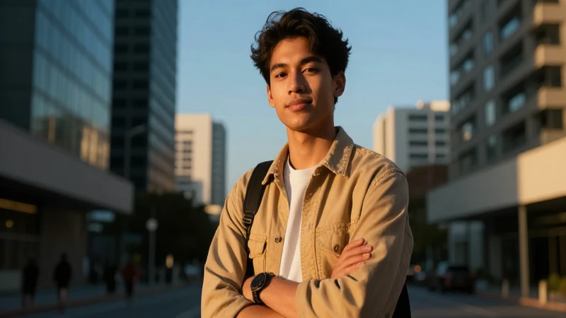 Joven audaz, ciudad, luz dorada simboliza oportunidad