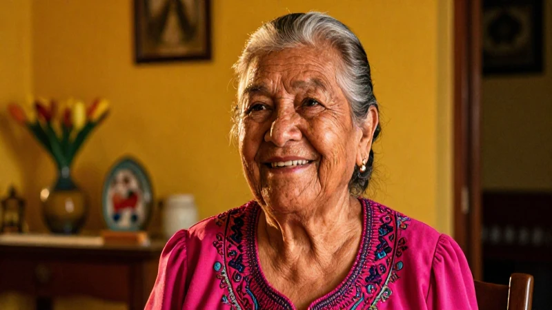 Mujer mexicana anciana alegre en un hogar cálido