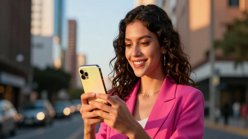 Joven mexicana optimista con smartphone moderno al atardecer