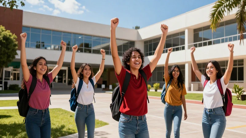 Estudiantes mexicanos celebrando éxito en campus