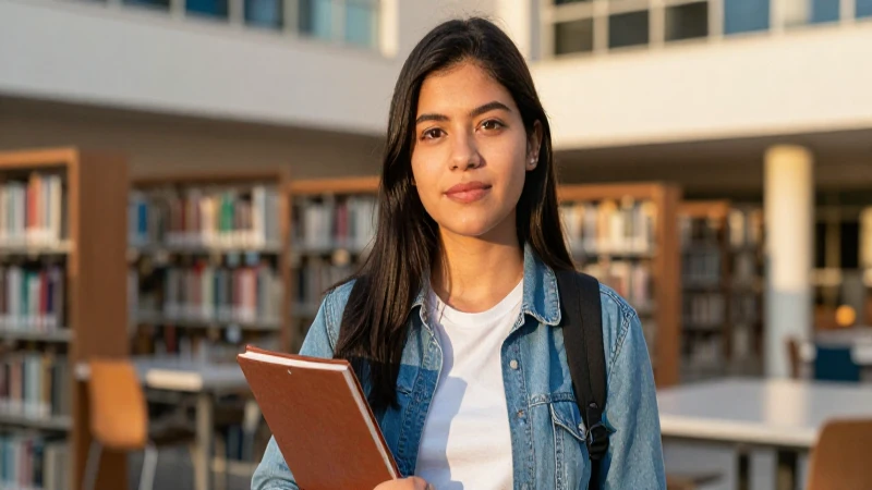 Estudiante universitario mexicano motivado en la biblioteca