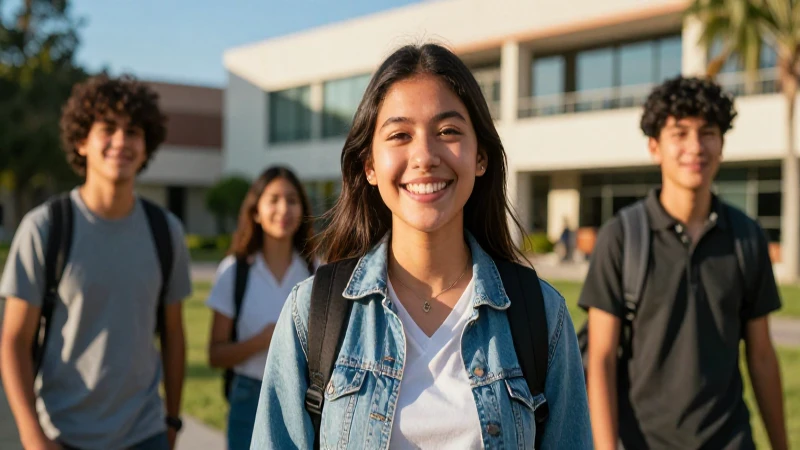 Estudiante sonríe en campus moderno y brillante