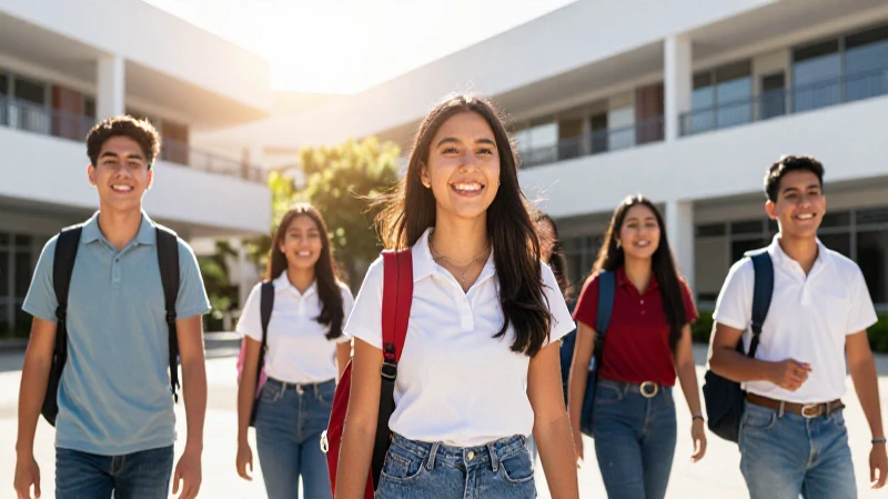 Estudiantes mexicanos felices en campus moderno