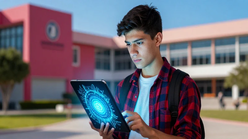 Estudiante mexicano digital con tablet en campus vibrante