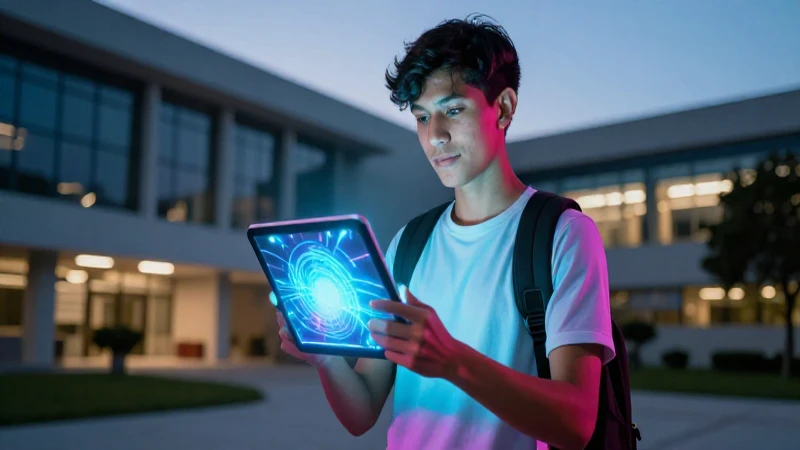 Estudiante mexicano con tablet en campus moderno
