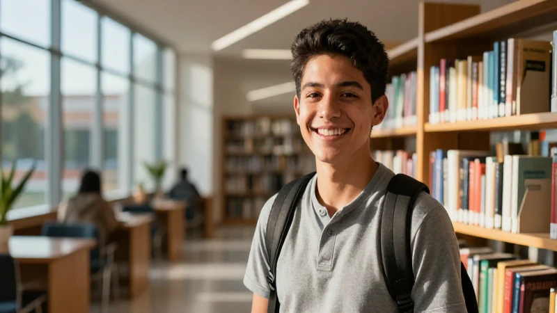 Joven mexicano estudia en biblioteca moderna