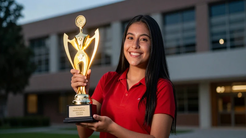 Estudiante mexicano sonríe con trofeo brillante