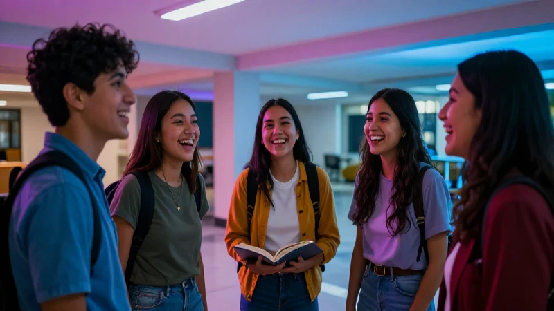Estudiantes mexicanos riendo en campus moderno