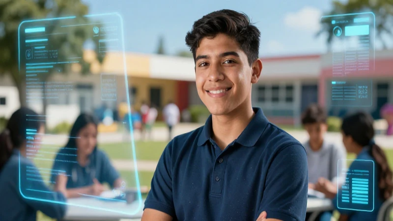 Estudiante mexicano sonríe con tecnología moderna