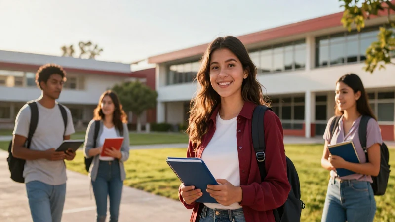 Estudiante mexicano en campus moderno al atardecer