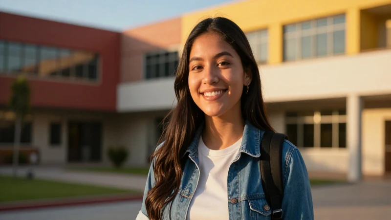 Estudiante mexicano sonriente en campus moderno