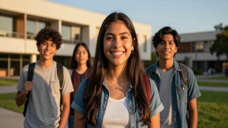 Estudiante sonríe en campus moderno al atardecer