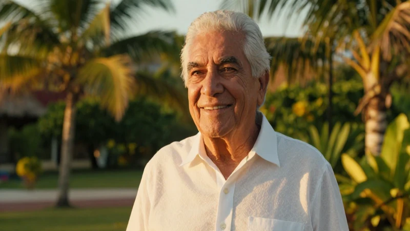 Hombre mayor sonriente en retiro tropical