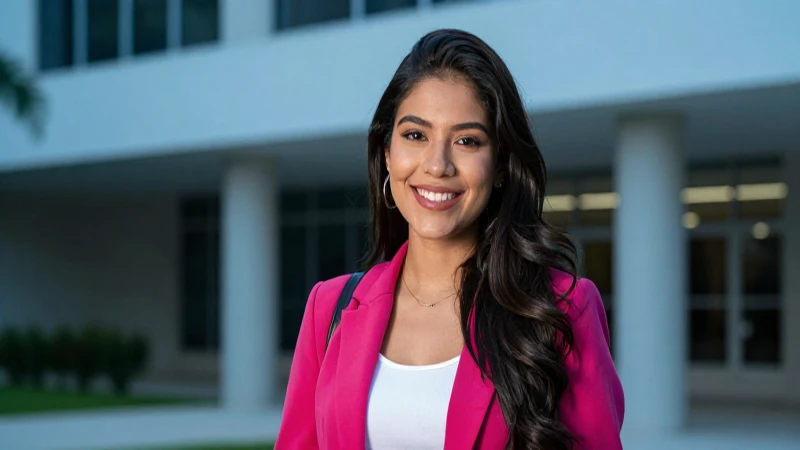Estudiante mexicana radiante sonríendo en campus moderno