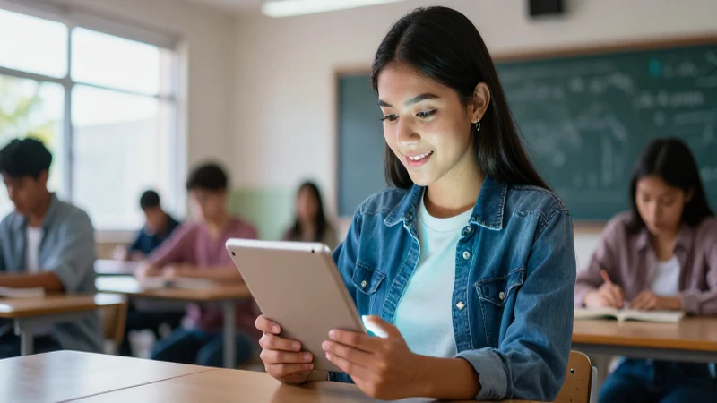 Estudiante mexicano mira tablet en universidad moderna