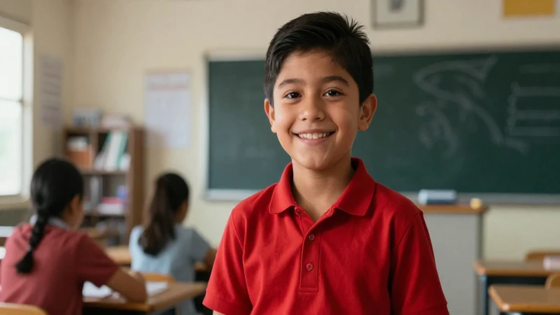 Niño mexicano sonriente en aula moderna con luz cinemática
