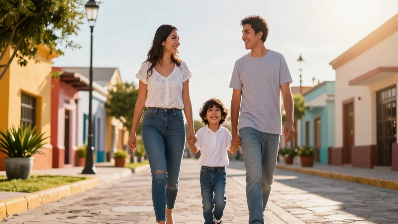 Familia mexicana feliz sonriendo hacia un futuro