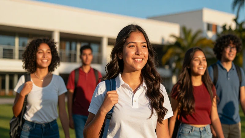 Joven mexicana triunfante en campus al atardecer
