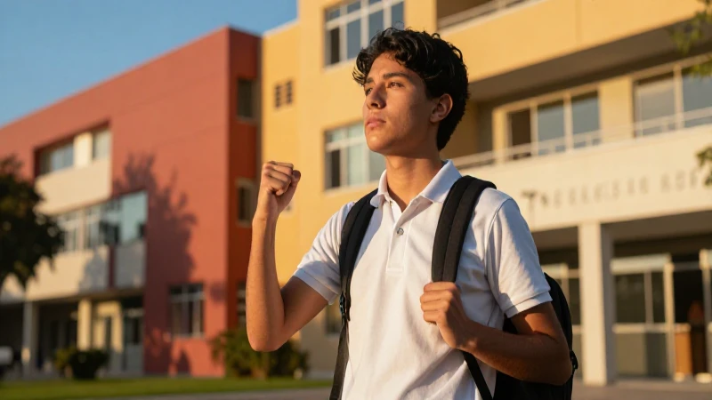 Estudiante mexicano triunfa en campus vibrante al atardecer