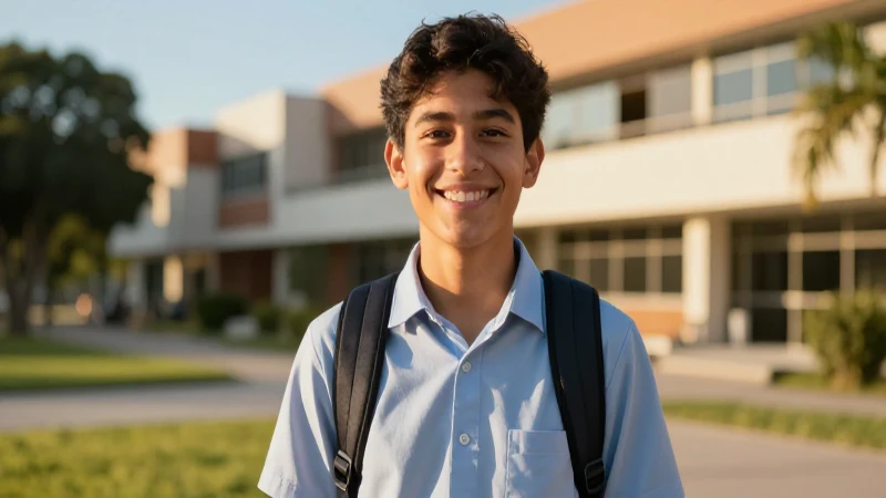 Joven sonriente en campus moderno y dorado