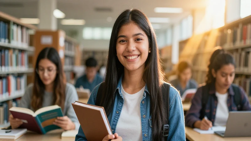 Estudiante sonríen en moderna biblioteca con luz dorada