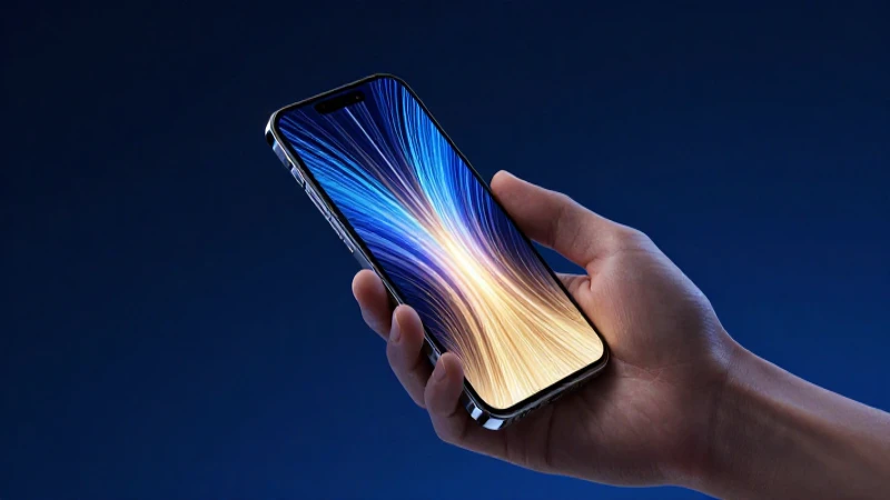 Mano con smartphone brillante y datos abstractos