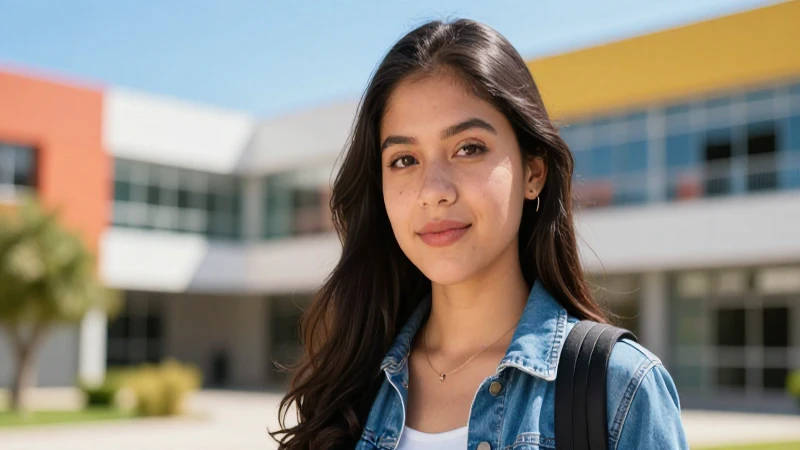 Retrato aspiracional de estudiante mexicano en campus moderno