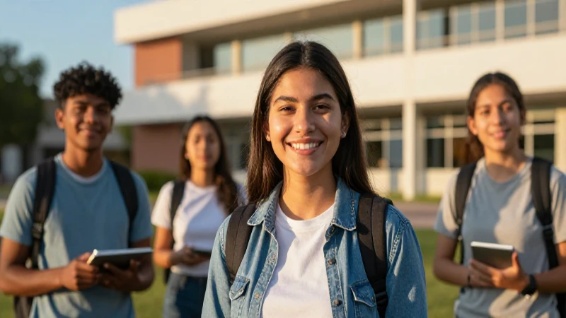 Estudiante mexicano sonriendo en campus moderno al atardecer