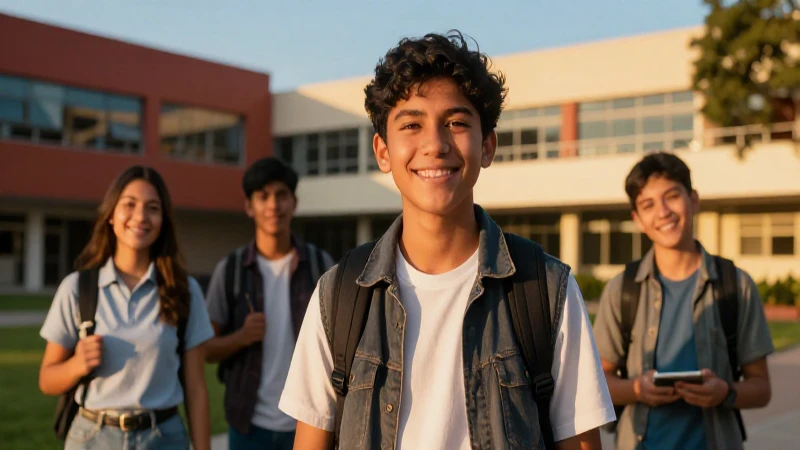 Estudiante sonriente en campus universitario moderno