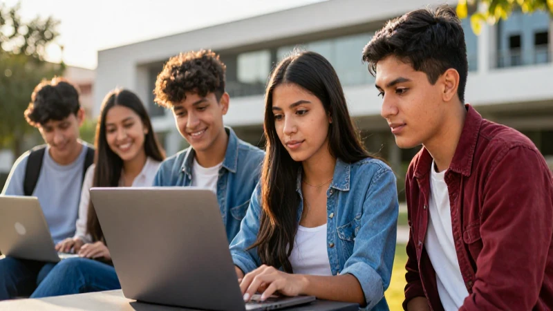 Joven mexicano aprende con laptop al atardecer