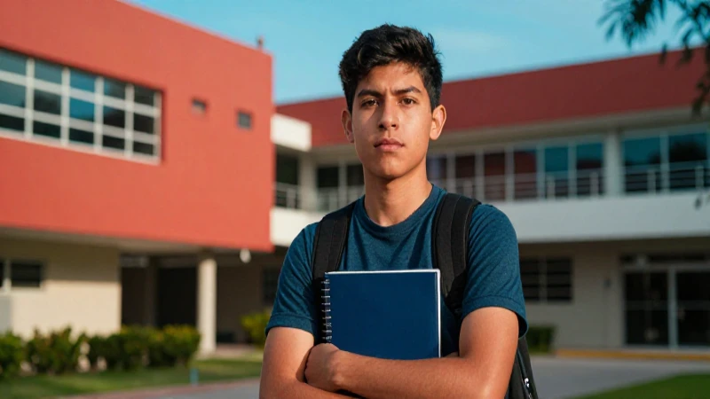 Estudiante mexicano con determinación en campus moderno