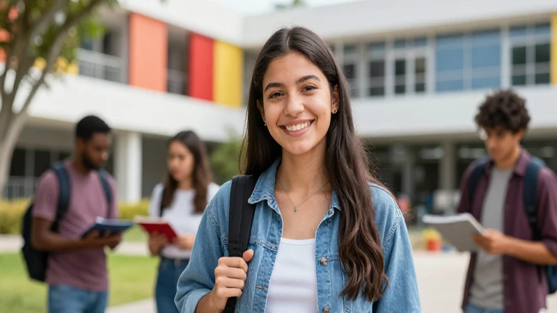 Joven mexicana sonríe en campus universitario moderno