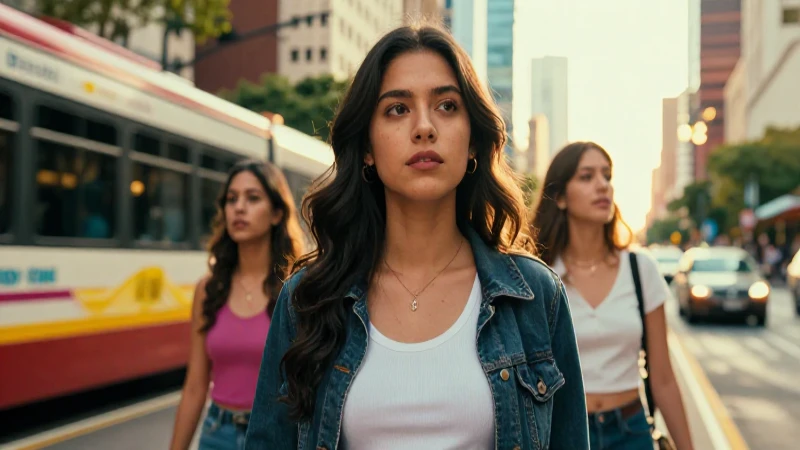 Joven mexicana reflexiona frente a vibrante ciudad
